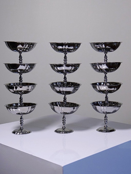 12 Vintage bistro-style stainless steel dessert bowls on stands
