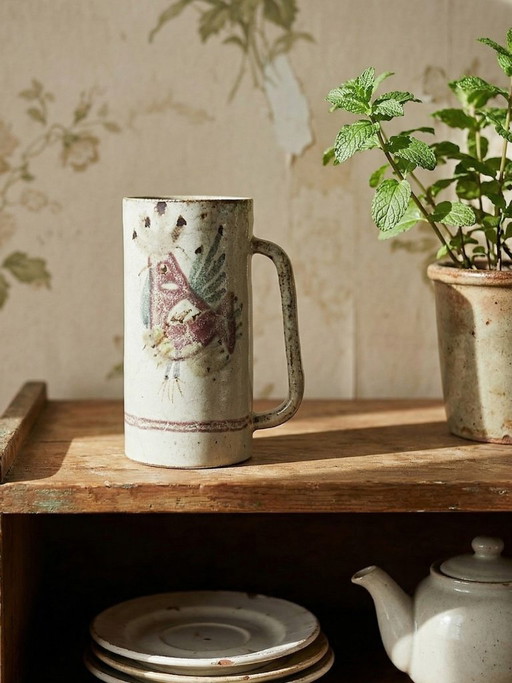 Large vintage Le Mûrier Gustave Reynaud Vallauris beer mug from the 1960s