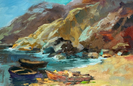 Image 1 of Original Oil Painting Summer Beach Landscape Dream of the sea and mountains