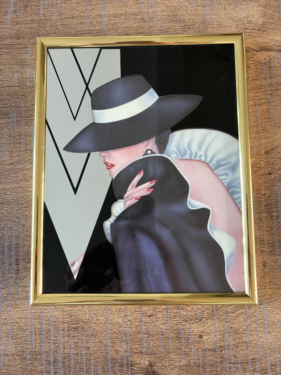 Pair of Hollywood Regency 'Glam Girl' mirror prints by Ferraro (80s), Glass art, Glass, Multi Color (photo 7 of 11)
