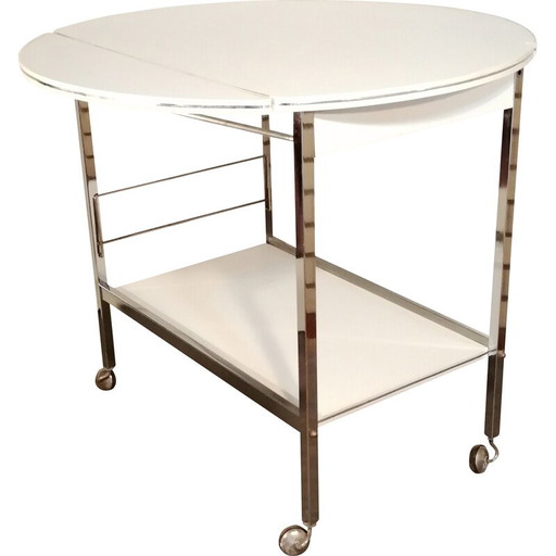 Mesa de servicio vintage cromada y blanca, 1970