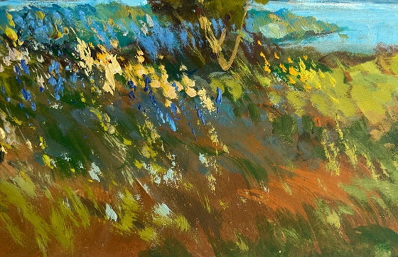 Image 1 of Dipinto ad olio originale: Paesaggio costiero estivo, campo di fiori e fiume.