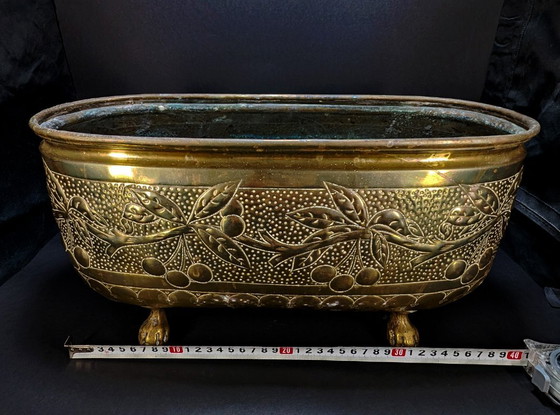 Macetero de latón antiguo – Decoración de hojas y cerezos repujados – c.1900 – Macetas, Brass (photo 9 of 11)