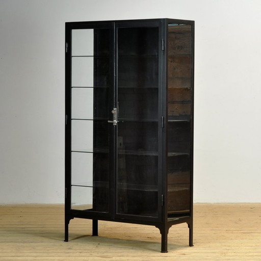 Black iron medical/display cabinet, 1930s