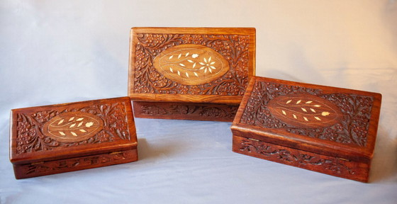 Image 1 of Set of antique carved wooden boxes with ivory inlays. New. Suitable for sewing, jewelry, or other purposes.