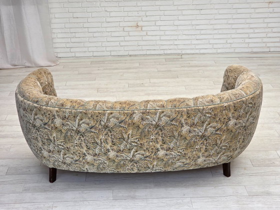 Image 1 of Anni '70, divano danese a 3 posti curvo, tessuto originale multicolore, legno di faggio.