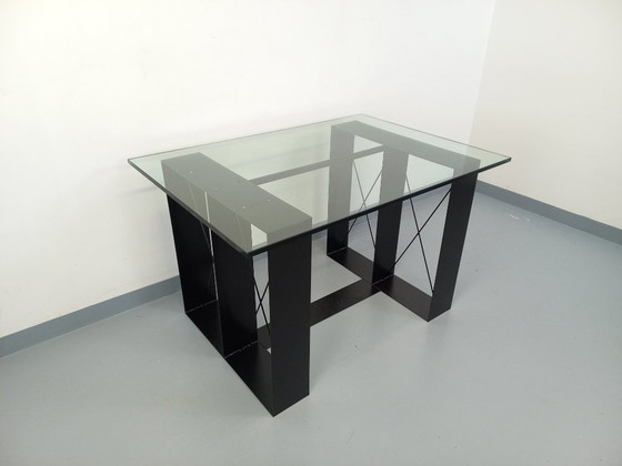 Image 1 of Vintage rectangular high table in glass and black metal from the 80s