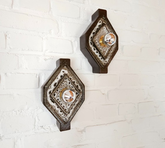 Image 1 of 1 van 2 PAN Leuchten mcm vintage keramieken wandlamp in bruin/grijstinten, west germany fat lava stijl, keramische wandlamp, spa