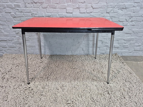 Image 1 of Vintage Design Rectangular Extendable Formica Kitchen Table in Orange with Chrome Legs – The Netherlands, 1960s