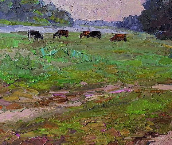 Image 1 of Original Oil Painting Rural Landscape Nature Pasture Cows in the Field