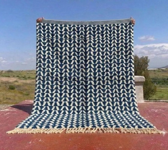 Alfombra bereber marroquí azul y crudo 300x200 cm – patrón geométrico – Lana, Algodón, Bohemian (photo 9 of 9)