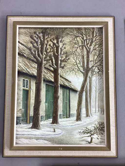 4 Ölgemälde, feine Malerei, J. Fris, 1970er Jahre