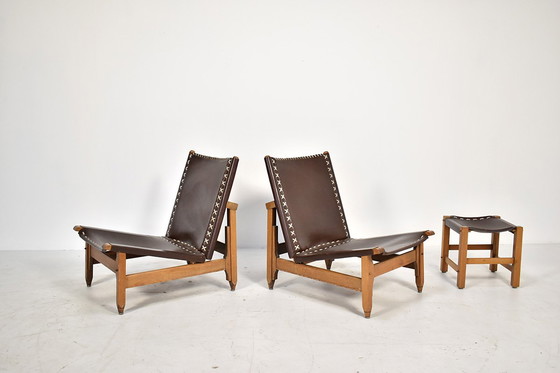 Image 1 of Paar lederen loungestoelen met kruk van Arte Sano, Columbia 1960