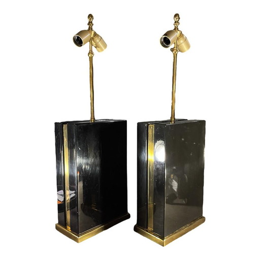 Hollywood Regency Lamps in Black Lacquer and Brass, 1970s, Set of 2