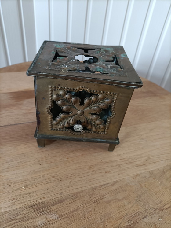 Image 1 of Antique Copper Heat Holder with Ornate Pressed Ornament - Complete with Fuel Tank"