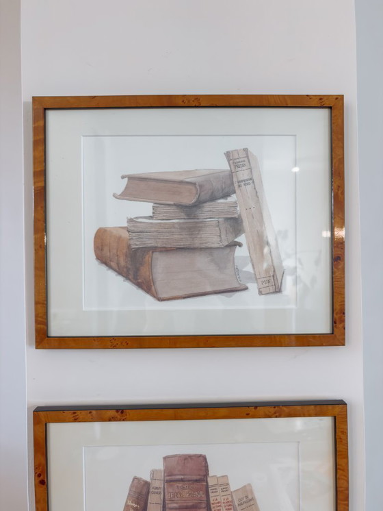 Image 1 of Watercolor paintings of books in burlwood frame, set of 2