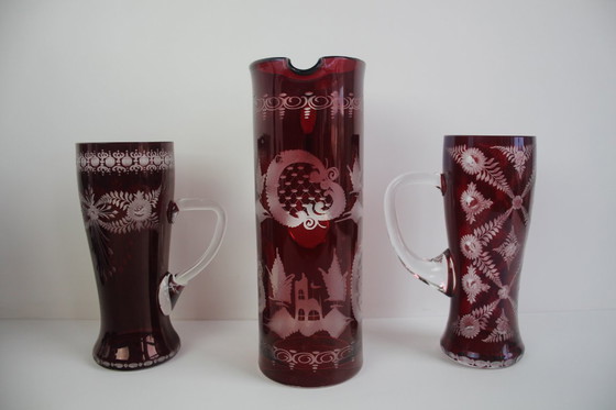 Image 1 of Antique Set of 36 pieces of Artistic cut Ruby red glass, Egermann, 1950's. 