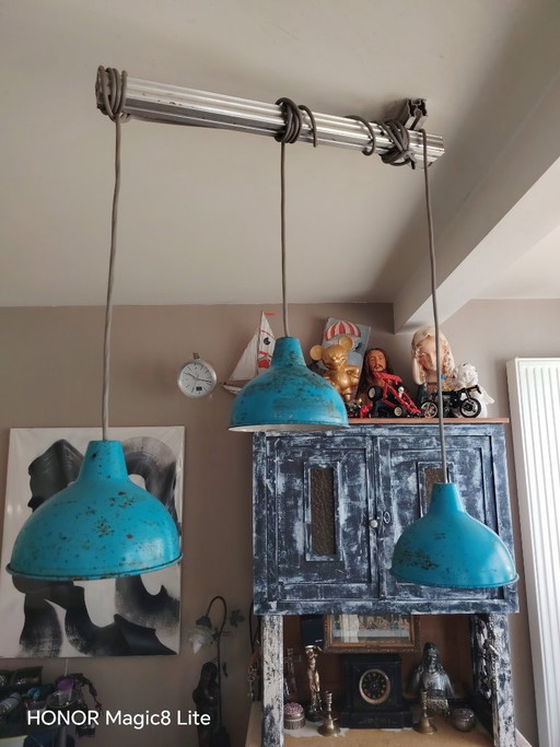 Unique set of 3 authentic vintage enamel factory lamps – Turquoise/Petrol