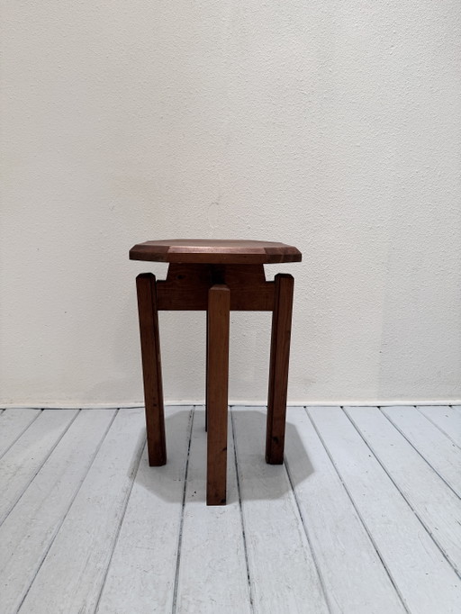 Vintage Brutalist Massief Houten Kruk / Bijzettafel