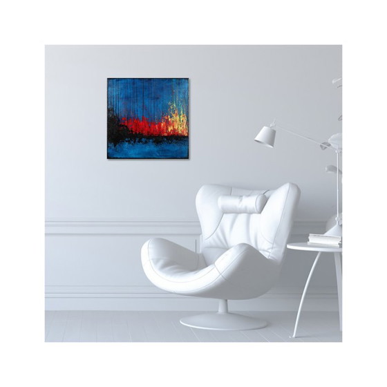 Image 1 of Contemporary abstract artwork in blue, red,black, yelow on stretched canvas