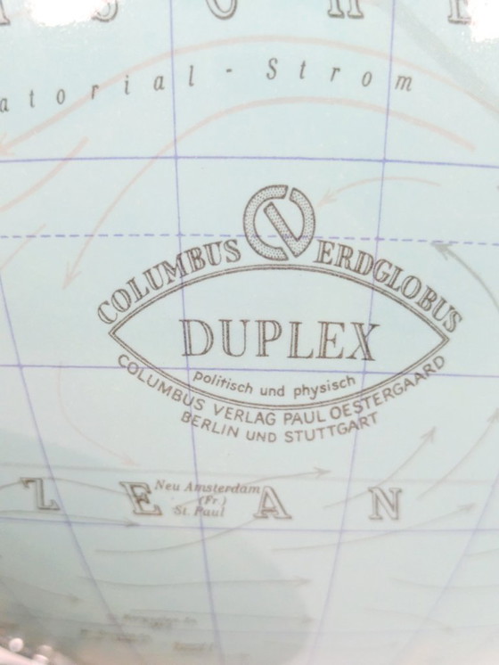 Image 1 of Columbus Duplex verlichte wereldbol uit de jaren 80: politieke en fysische kaart, grenenhouten voet, Europese stekker