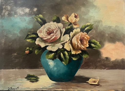 Cuadro antiguo, óleo sobre tabla, ramo, firmado J. Troquet