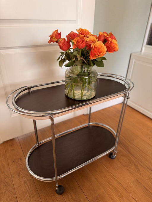 Vintage Serving Cart With Metal Frame And Wooden Trays