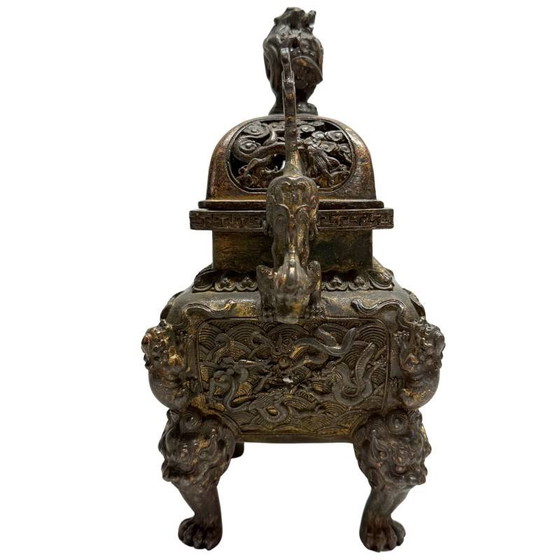 Antiguo Quemador de Incienso Chino Fangding de Bronce con Pedestal – Set de 3 Piezas – Dinastía Qing Tardía (photo 5 of 11)