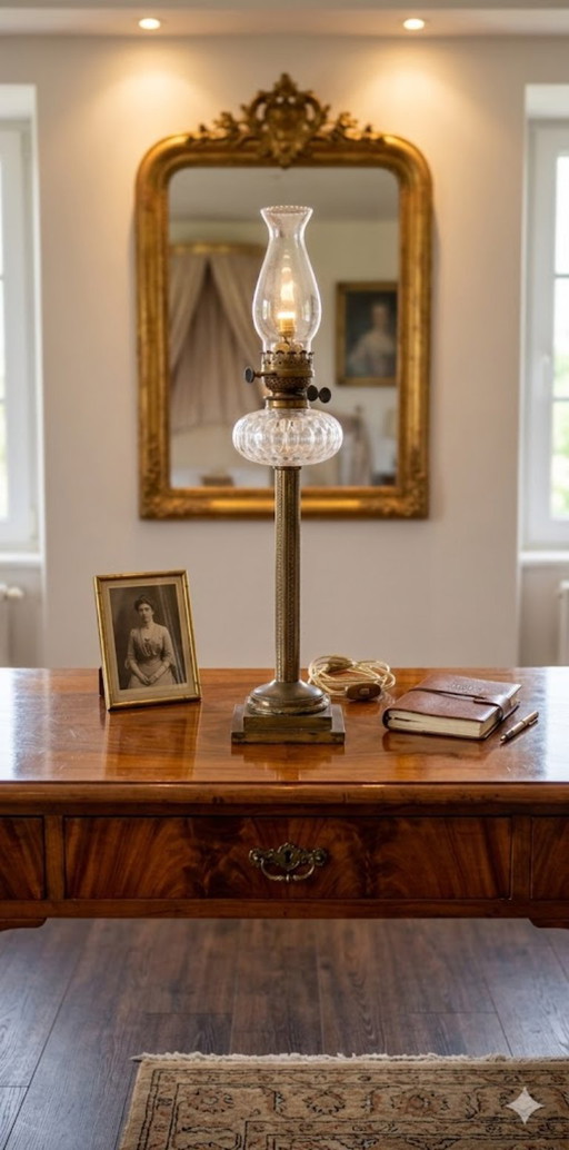 Grande Lampe À Pétrole Baccarat ? Cristal Bronze Et  Regule 77cm  XIX Ème 