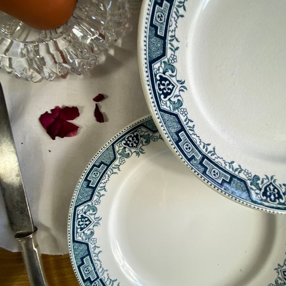 Image 1 of Set of 6 antique Saint Amand et Hamage ironstone earthenware dinner plates, Morocco blue pattern