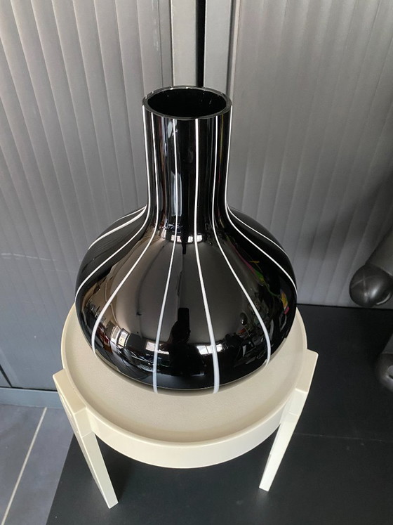 Vintage 1950s Black Glass Vase with White Trim (photo 15 of 16)