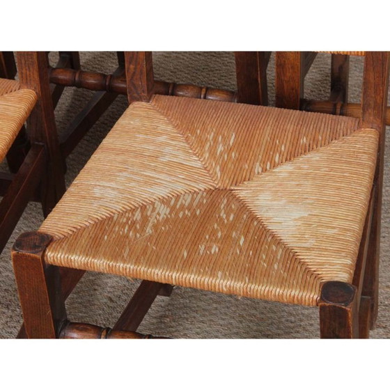 Image 1 of Set of 6 straw-seated wooden chairs, French work, 1950