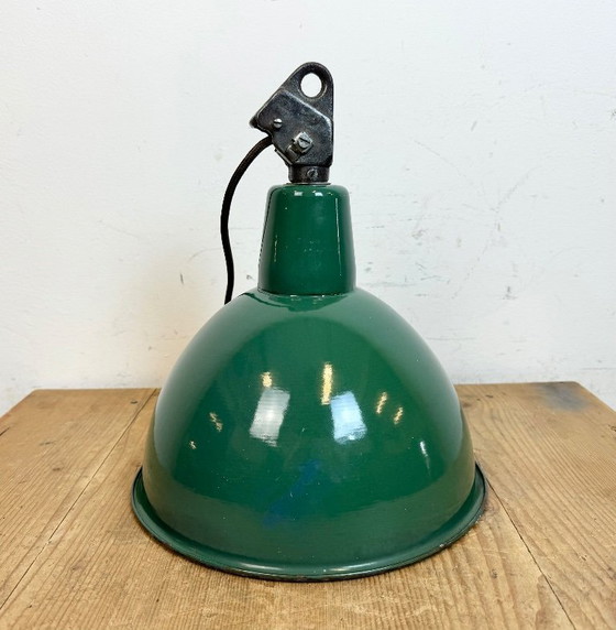 Image 1 of Industrial Green Enamel Factory Lamp with Cast Iron Top, 1960s