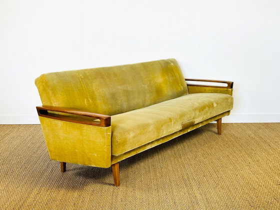 Image 1 of Canapé convertible et fauteuil vintage scandinave en teck et velours, 1960, Set de 2