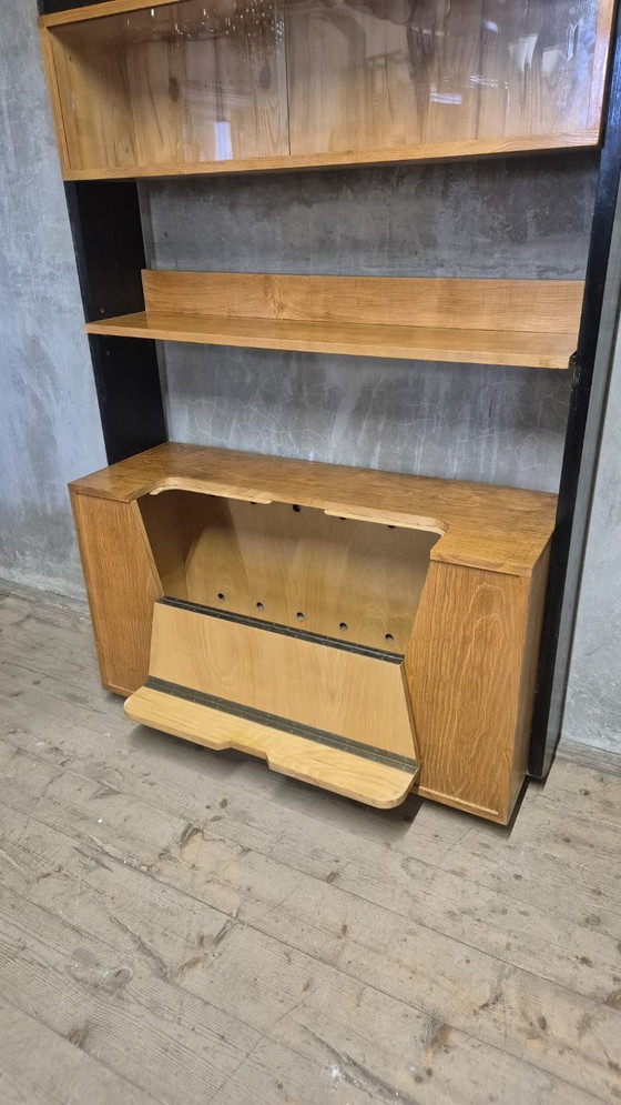 Image 1 of Vintage Czechoslovak Modular Wall Unit with Veneer Cabinets and Black Wooden Supports, 1960s–1970s