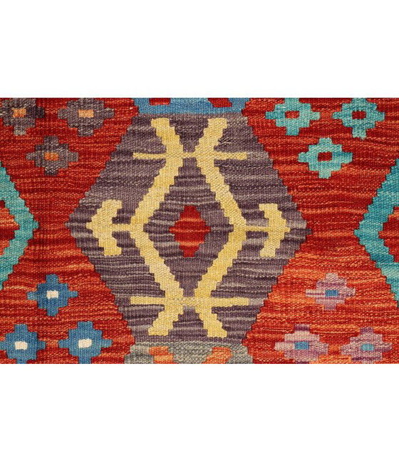 Image 1 of Handwoven Afghan Kilim Rug – 300x204 cm – Red Base with Hexagonal Tribal Patterns