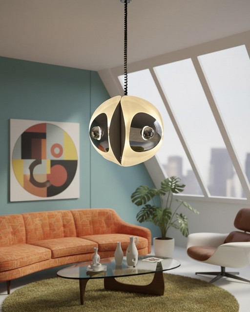 Goffredo Regianni Italien Space Age Pendelleuchte, 1970er Jahre, weiß lackiertes Metall &amp; Chromschilde, Mid Century, Industr