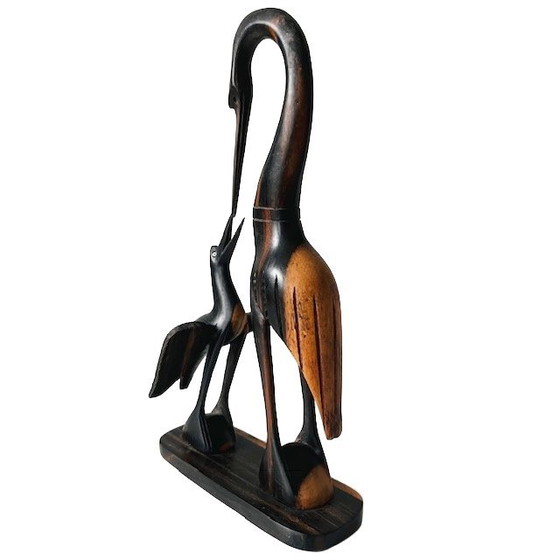 Image 1 of Vintage houtsnijwerk beeldje kraanvogel teak 1960's