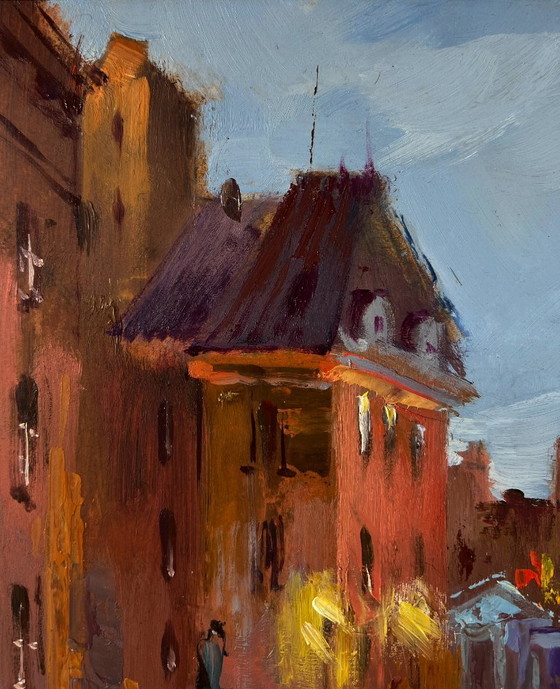 Image 1 of Original Oil Painting Evening Bridge Landscape Streets of the city at night