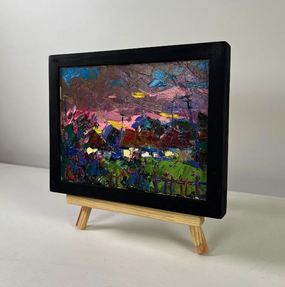 Image 1 of Original Oil Painting Evening Village Landscape The beam fades leaving the world