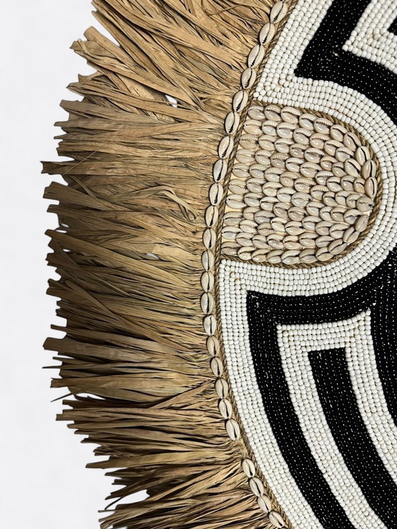 Image 1 of Large mirror made of seashell, pearl, and raffia