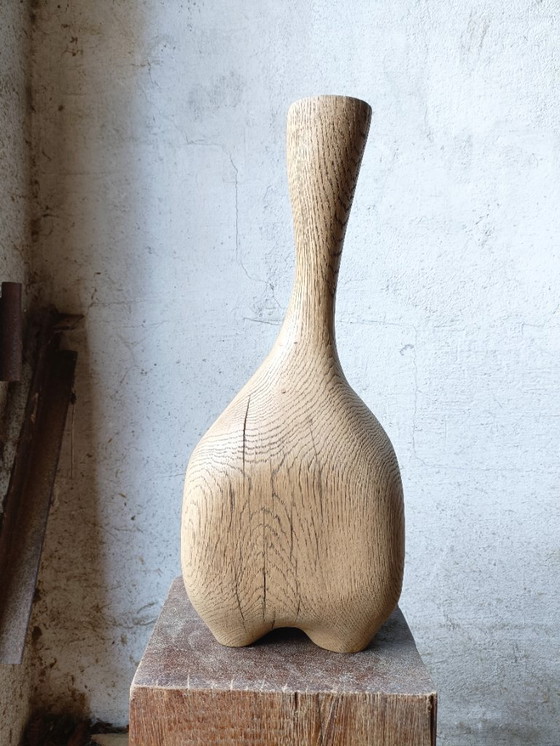 Image 1 of Large Vase/Bottle in Carved Solid Oak