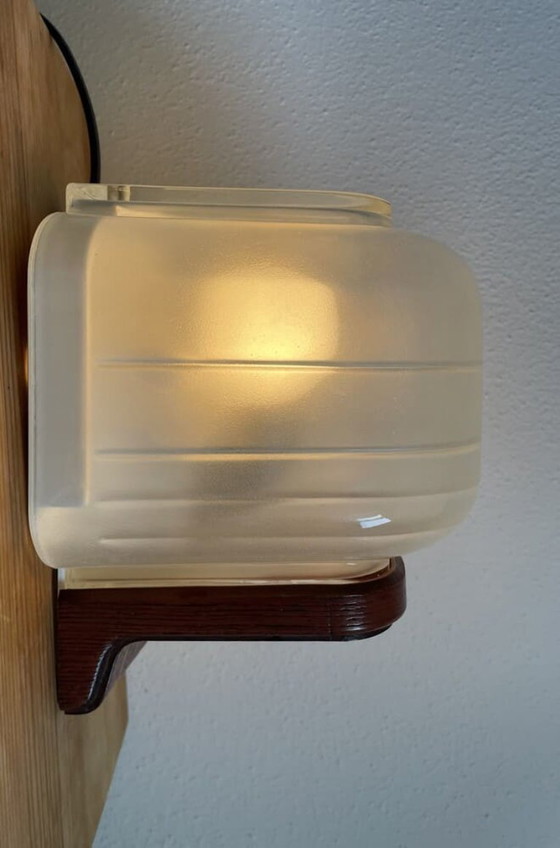 Image 1 of Glass and wood wall sconce light for bathroom or corridor 1990s
