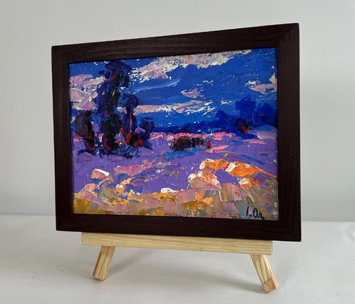 Original Oil Painting Evening Field Landscape Cold evening in the field