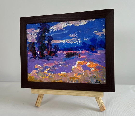 Image 1 of Original Oil Painting Evening Field Landscape Cold evening in the field