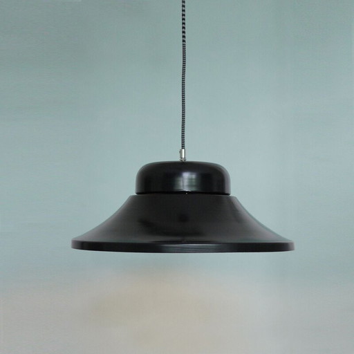 Vintage grote messing zwarte industriële hanglamp 1950