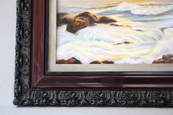 Image 1 of Vintage oil painting of the sea. Seascape in oil. Oil painting of the sea at sunset.
