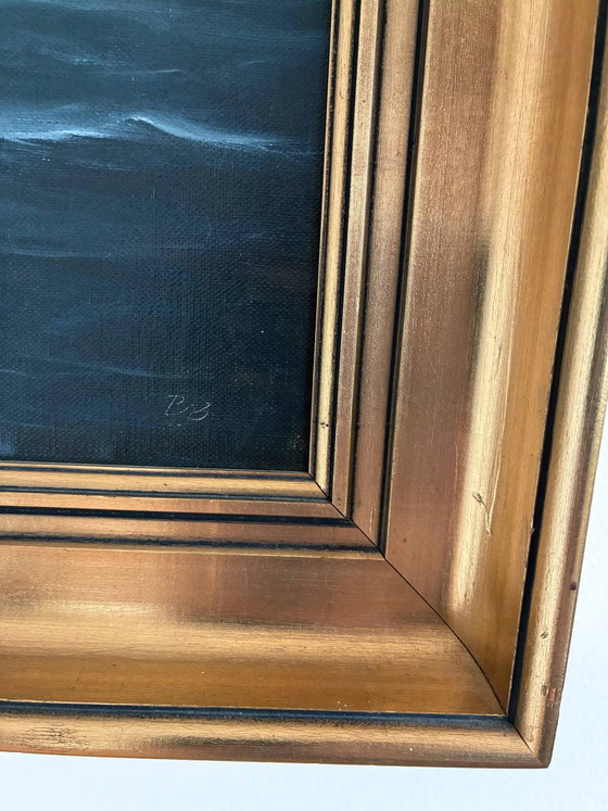 Image 1 of Peinture à l'huile originale vintage représentant une marine, signée, art de voilier