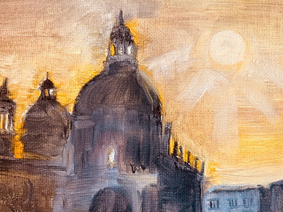 Image 1 of Signed oil painting on canvas, Venice landscape "Santa Maria" at sunset