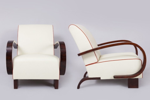 Een paar gerestaureerde art-deco fauteuils, walnoothout, leer, opnieuw gepolijst, Tsjechisch, jaren 1930 – Leather, Wood
